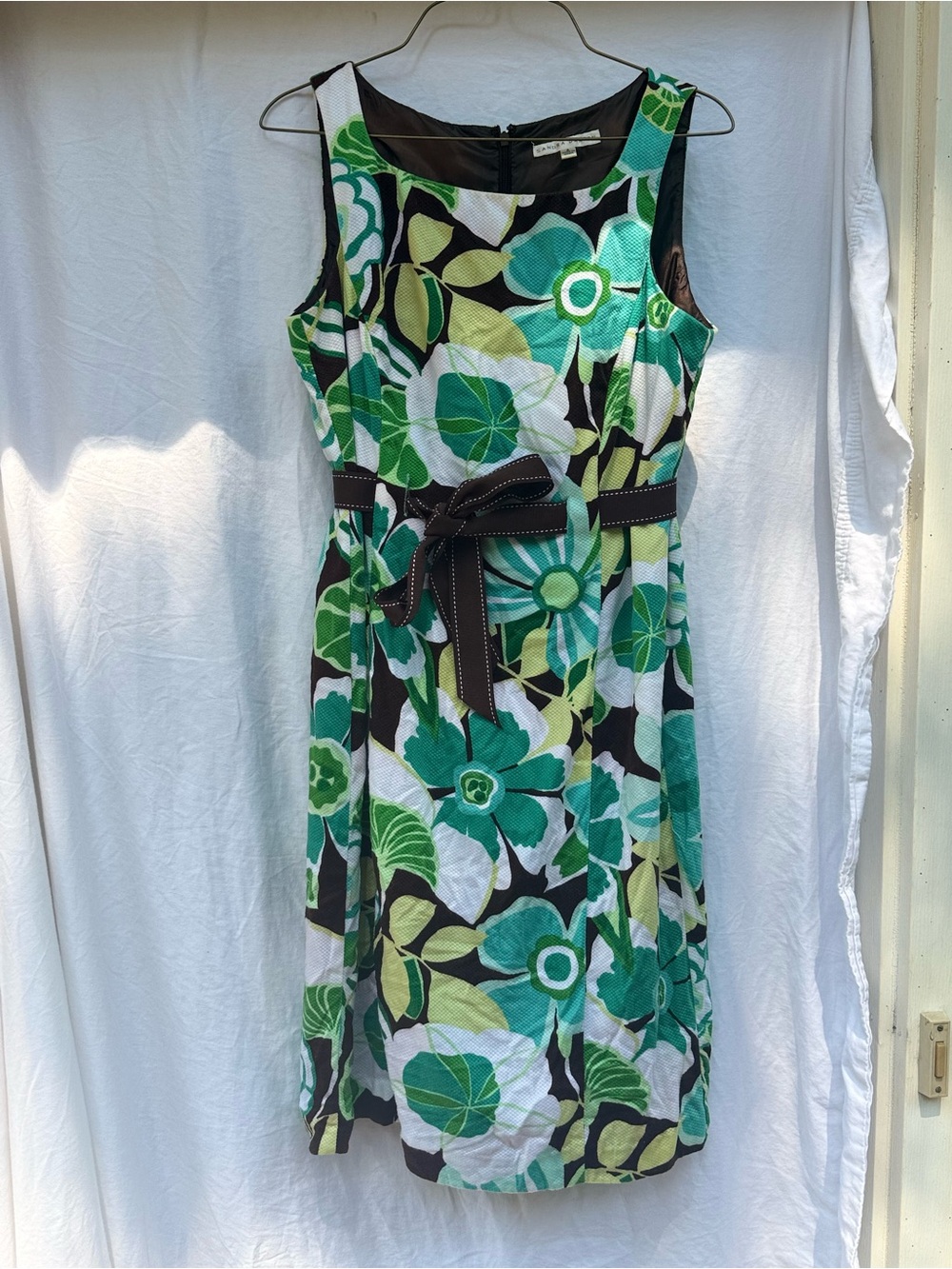 Sandra Darren Green Floral Belted Midi Dress